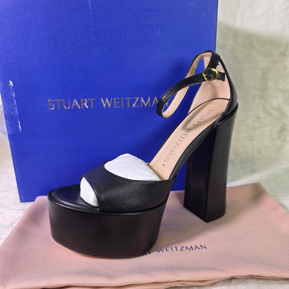 Stuart Weitzman Skyhigh 145 Platform Sandal Black Leather Womens 10.5 NEW
